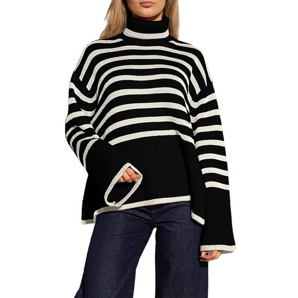 New Womens Size Small Oversized, Turtleneck, Striped Sweater with side split - Picture 1 of 2